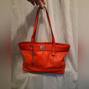 FOSSIL Red Orange Leather Zip Top Tote Bag